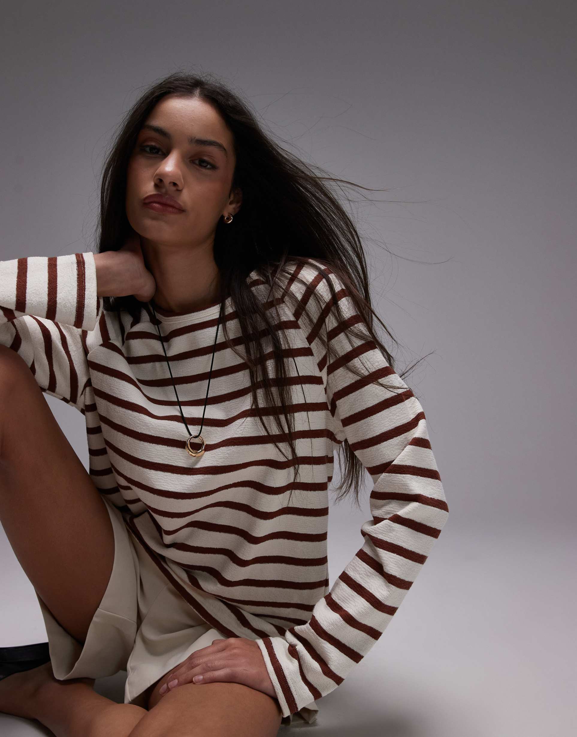 mango brown striped crew neck textured sweatshirt in white