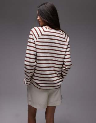 MANGO BROWN STRIPE CREW NECK TEXTURED SWEATSHIRT