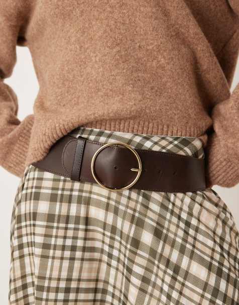 Mango - Bruine leren riem met goudkleurige gesp - view 1