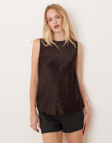 Mango – Brun, ärmlös topp i krossad satin - view 1