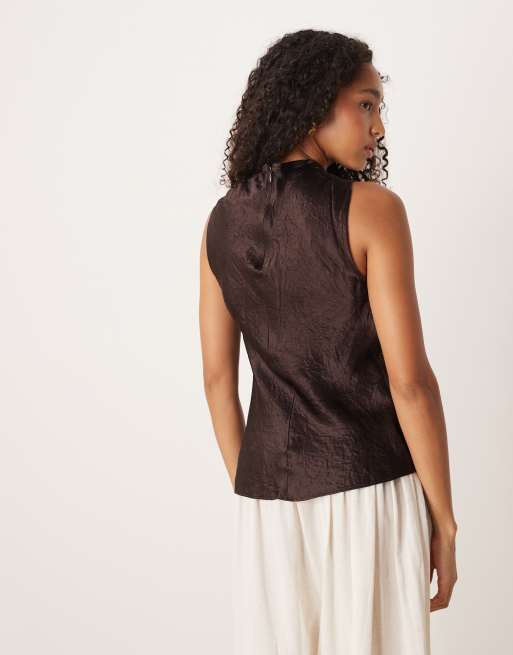 Mango – Brun, ärmlös topp i krossad satin, 4 av 4