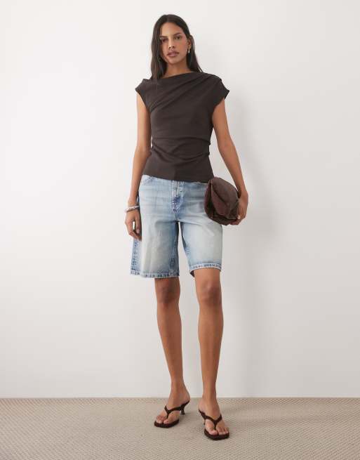 Mango - Brun asymmetrisk T-shirt i bomuldsblanding, 3 af 4