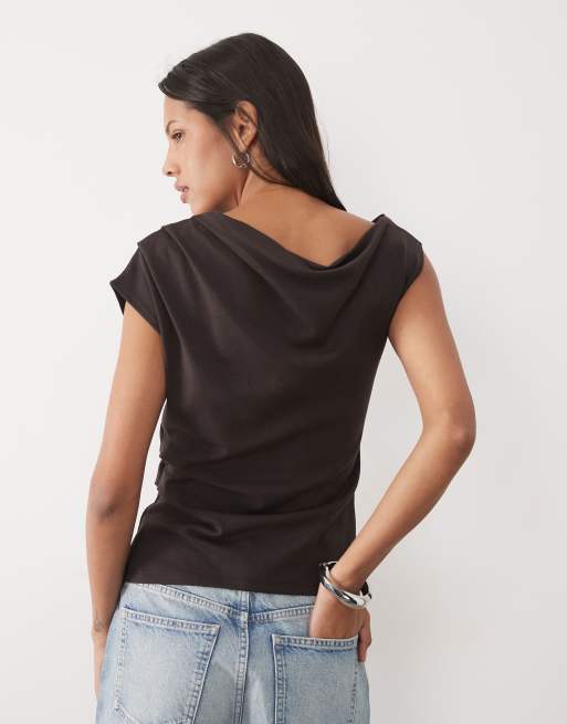 Mango - Brun asymmetrisk T-shirt i bomuldsblanding, 4 af 4
