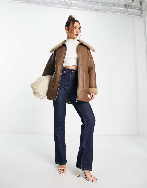 Mango - Brun aviator-jakke med for i imiteret pels, 4 af 4