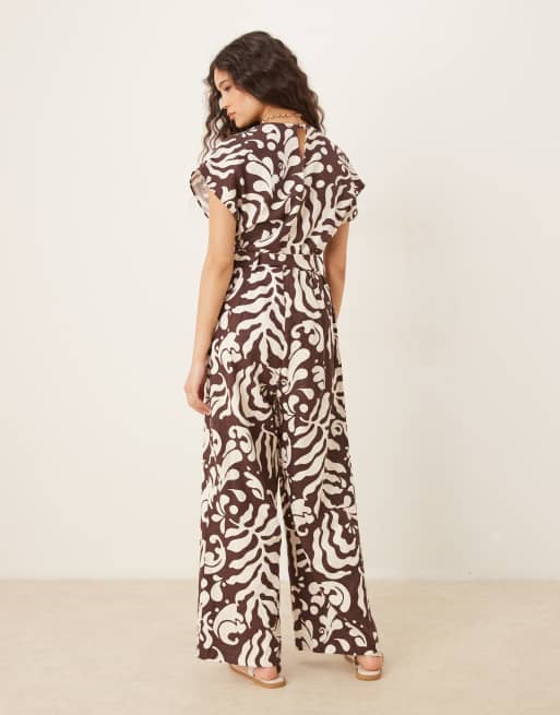 Mango – Brun, blommig jumpsuit med skärp och v-ringning, 3 av 4