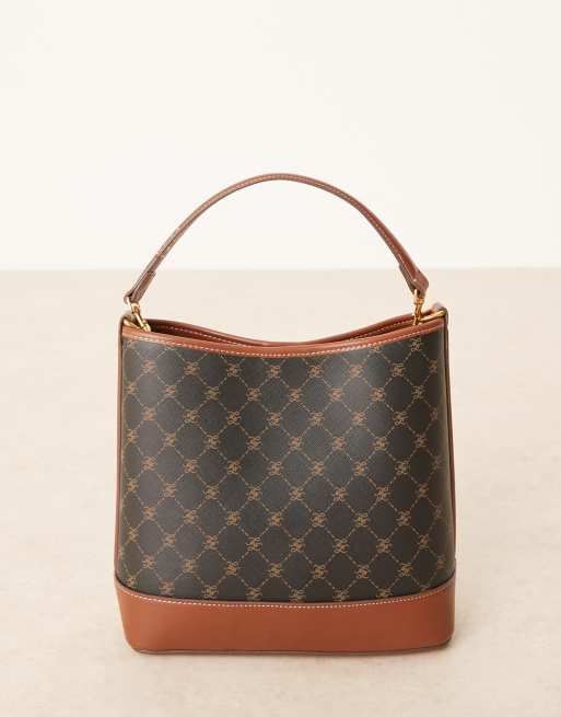 Mango – Brun, klassisk, fyrkantig axelväska med monogram och guldfärgade detaljer, 2 av 4