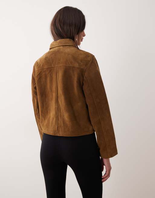 Mango - Brun kort jakke i 100% ruskind, 4 af 4