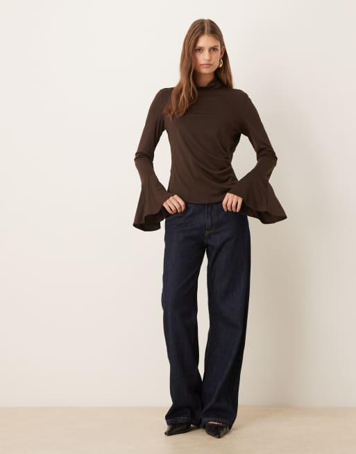 Mango - Brun langærmet top med rullekrave og svaj i ærmerne, 3 af 4