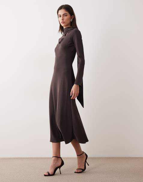 Mango – Brun midiklänning med långa ärmar och scarfdetalj - view 1
