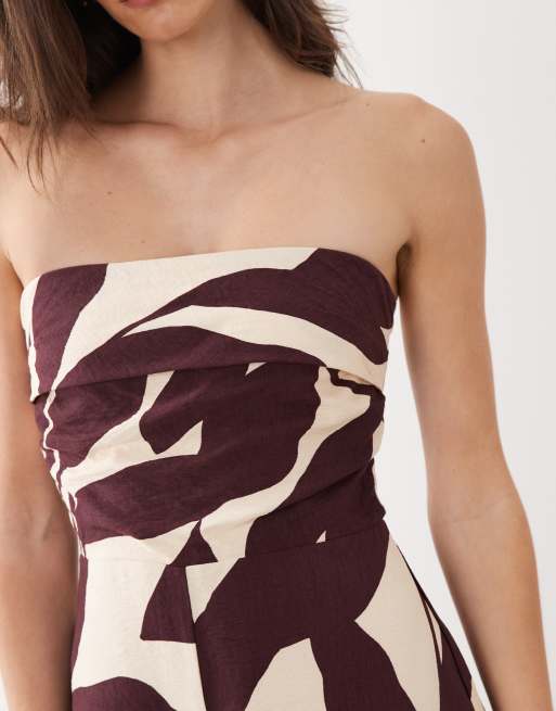 Mango – Brun och krämvit jumpsuit med bara axlar och lövmönster, 3 av 4