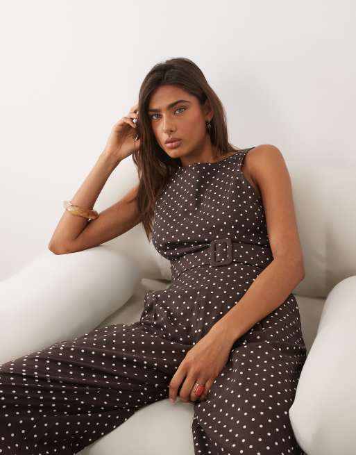 Mango – Brun och vitprickig jumpsuit i linnemix med skärp, 2 av 4