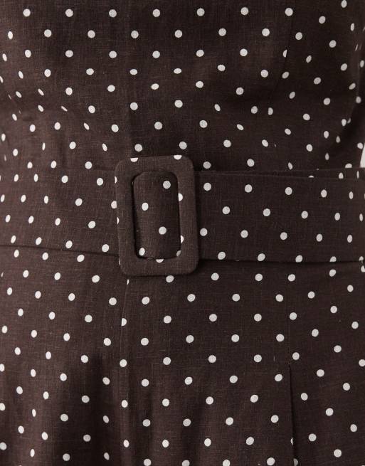 Mango – Brun och vitprickig jumpsuit i linnemix med skärp, 3 av 4