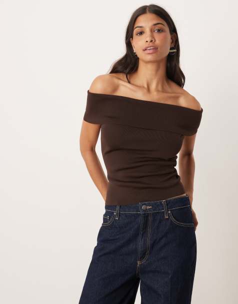 Mango - Brun offshoulder-top i kompakt strik - Del af sæt - view 1