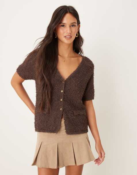 Mango - Brun og kortærmet cardigan i vamset materiale - view 1