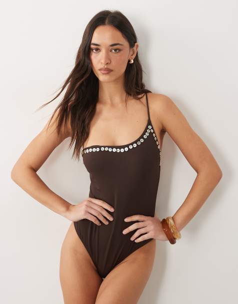 Mango - Brun oneshoulder-badedragt med knapdetaljer ved kanten - view 1