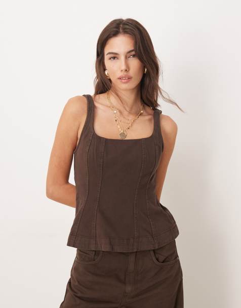 Mango – Brun peplum-topp i bomull med smala axelband och sömdetaljer, del av set - view 1