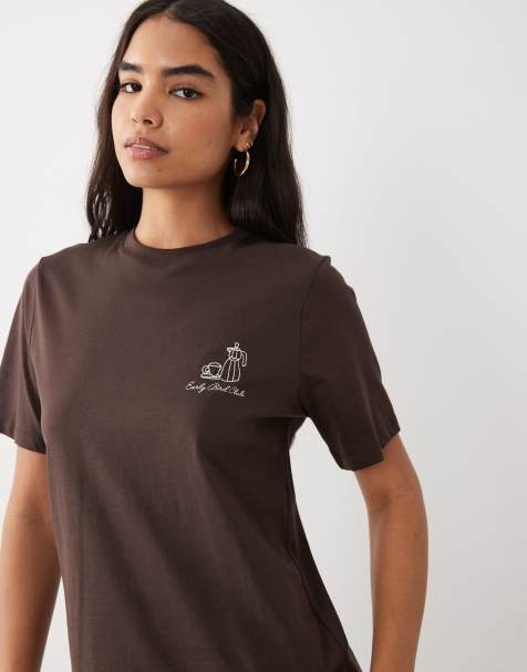 Mango - Brun T-shirt med rund hals, korte ærmer og 'Early Bird Club'-grafik - view 1