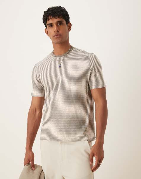 Mango - Brun T-shirt med striber i hørblanding - view 1