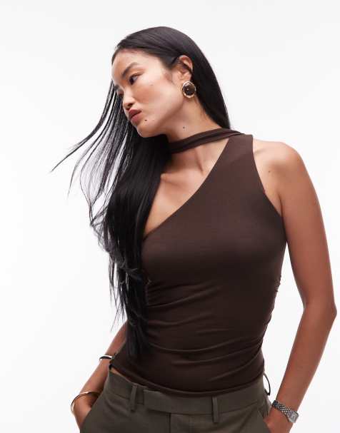 Mango - Brun top med asymmetrisk snit og detalje i halsen - view 1