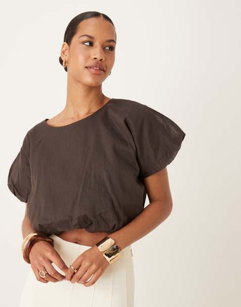 Mango - Brun top med korte ærmer og boblekant - view 1