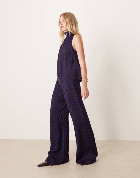 Mango – Bruna, prickiga byxor i satin med vida ben, del av set - view 1