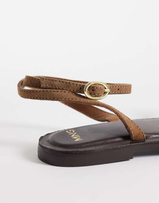 Mango - Brune flade sandaler i 100% ruskindslæder med stropper, 4 af 4