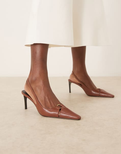 Mango - Brune højhælede slingback-sko med guldfarvet ring - view 1