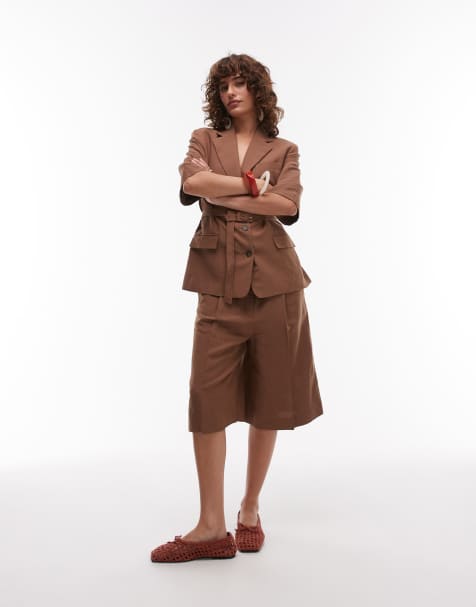 Mango - Brune longline-bermudashorts i hørblanding - Del af sæt - view 1