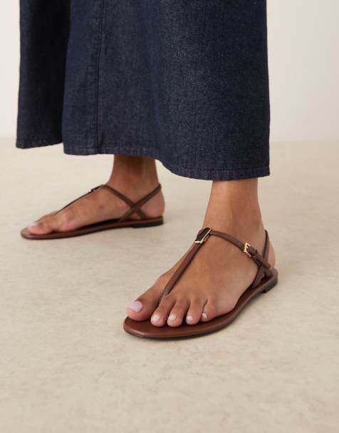 Mango - Brune sandaler i læder med remdetaljer og guldfarvede detaljer - view 1