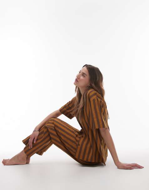 Mango – Brunrandigt pyjamasset i bomull med vida byxor - view 1