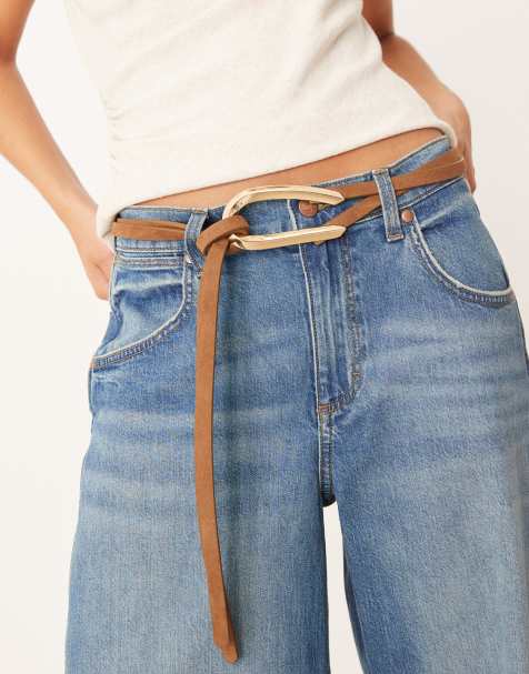 Mango - Brunt bindebælte i læder med guldfarvet løkkedetalje - view 1