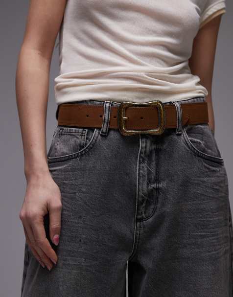 Mango – Brunt, grovt läderskärp med stort, fyrkantigt spänne - view 1