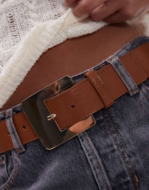 Mango - Brunt læderbælte med stort firkantet spænde, 3 af 4