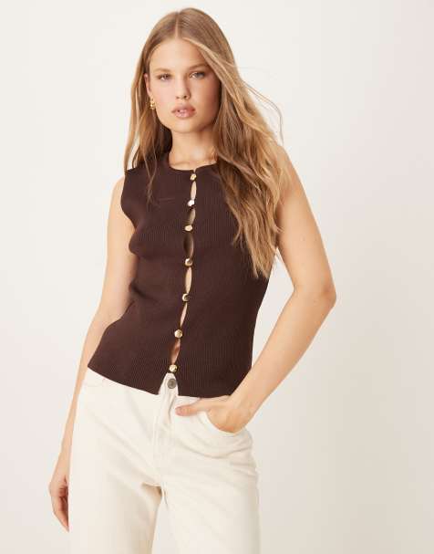 Mango – Brunt, stickat linne med statement-knappar - view 1