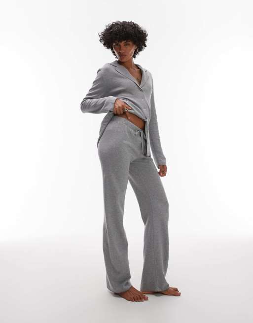 Mango brushed cotton soft touch wide leg pajama pants in gray - part of a set