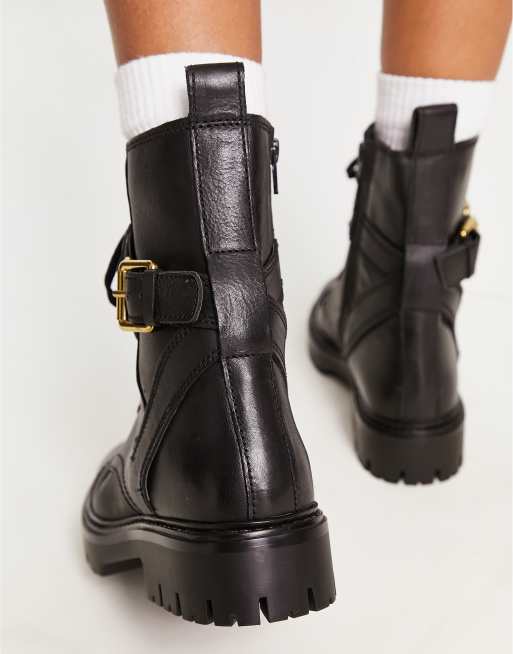 Mango buckle detail biker boot in black