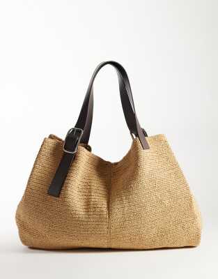 Mango Buckle Detail Woven Tote In Neutral