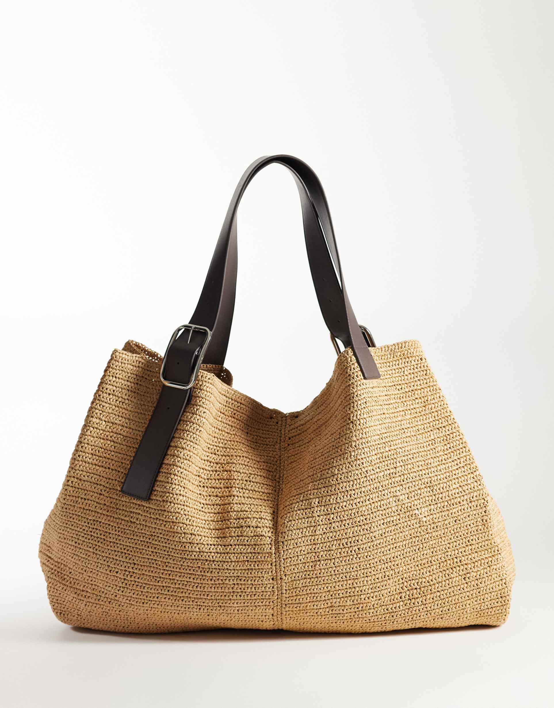 mango buckle detail woven tote in beige