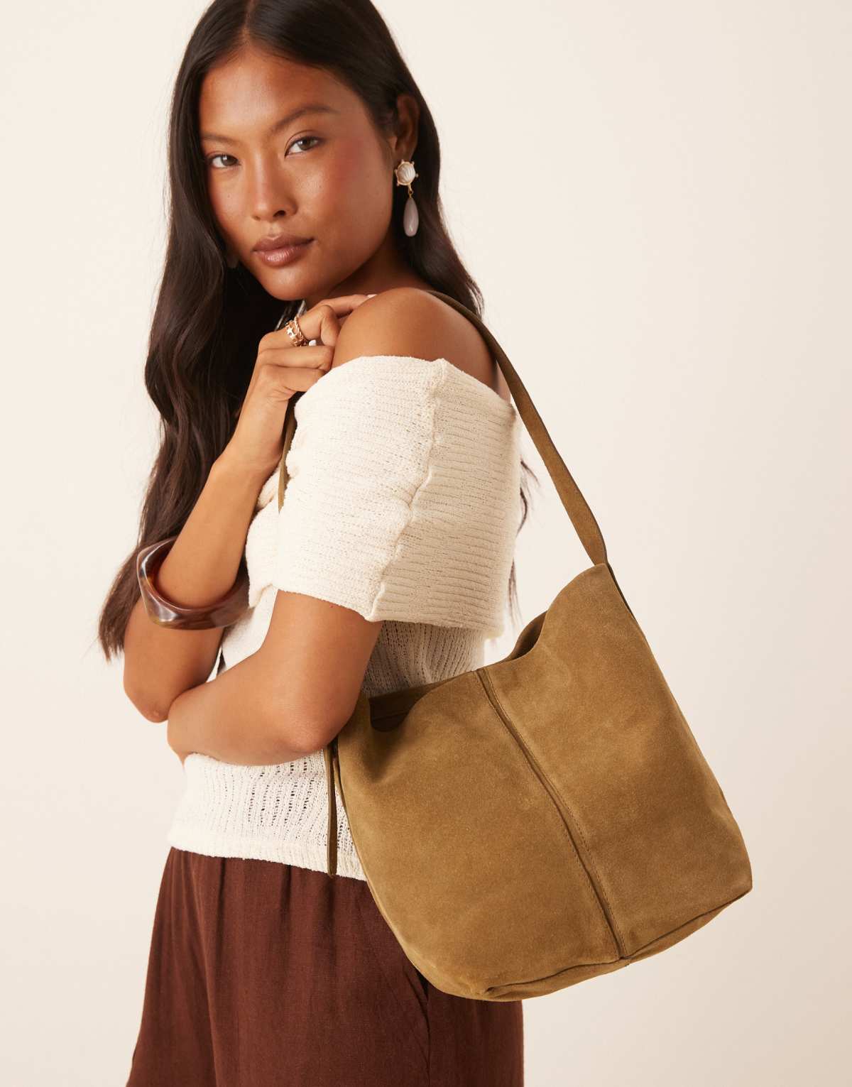 Mango buckle strap detail suede bag in tan