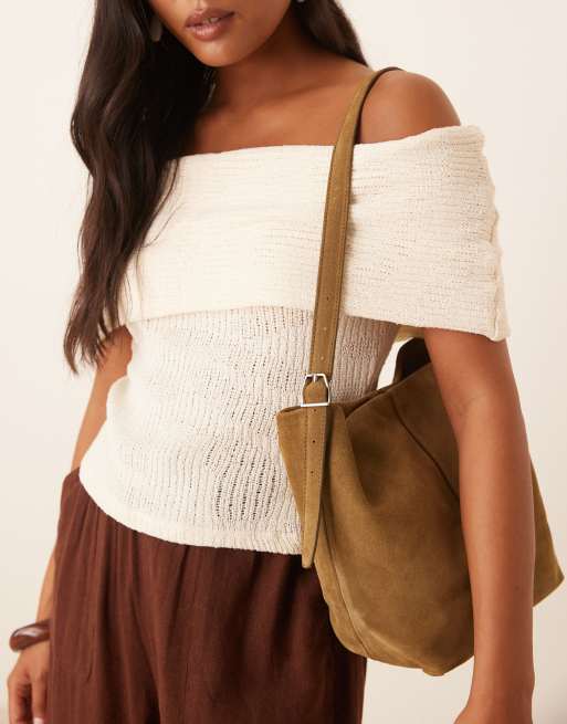Mango buckle strap detail suede bag in tan