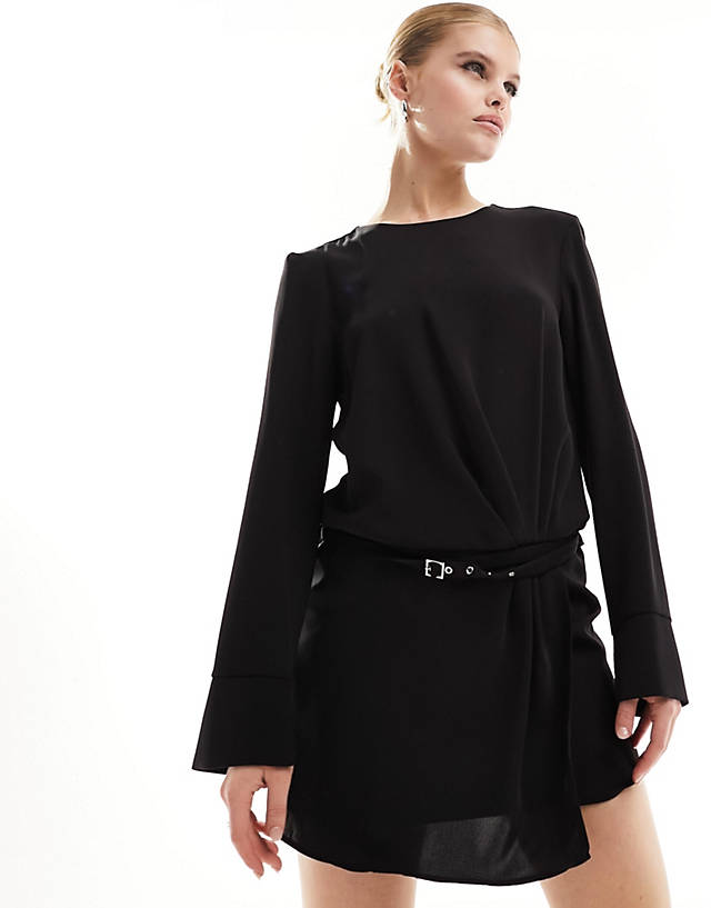Mango - buckle waist tailored dress in black