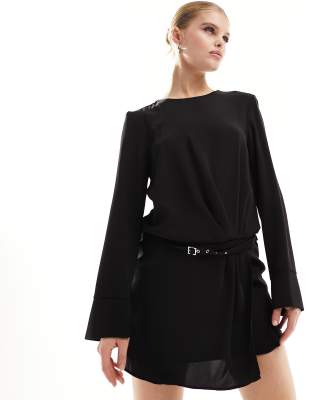 mango buckle waist tailored dress in black