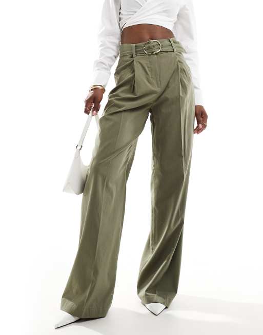 Mango buckle waist wide leg pants in khaki