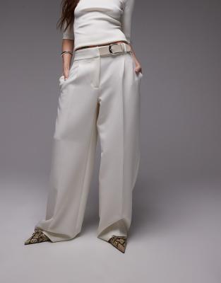 Mango Buckle Waistband Straight Leg Pants In White