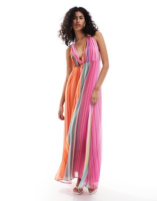 Mango - Bunt gestreiftes Maxikleid mit V-Ausschnitt