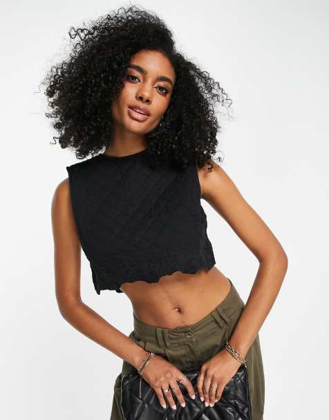 Mango button back quilted crop tank top with embossed flower detail - view 1