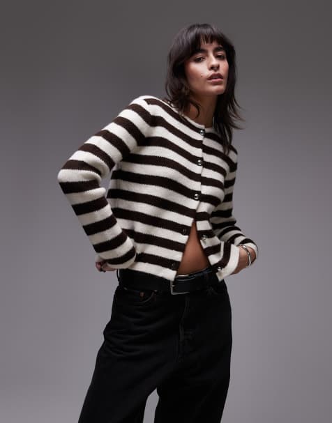 Mango button detail cardigan in brown and white stripe - view 1