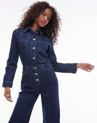 button detail denim jumpsuit in light blue