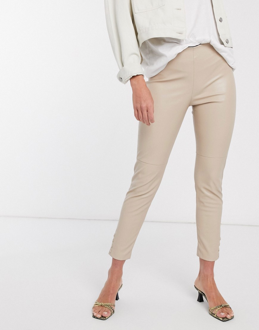 Mango button detail faux leather slim trousers in beige