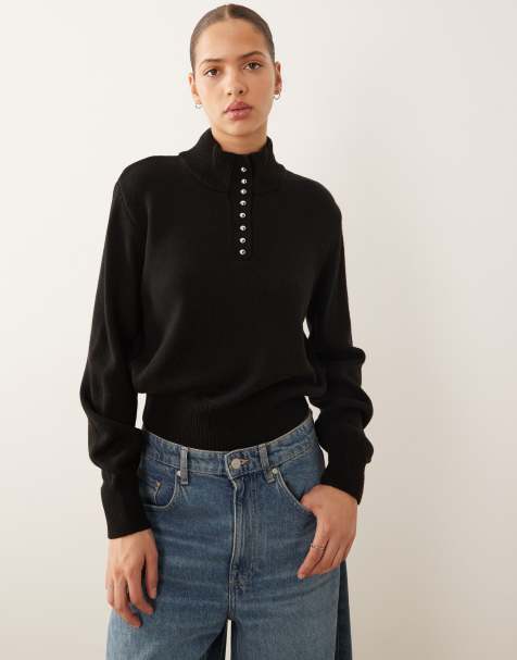 Mango button detail high neck jumper in black - view 1